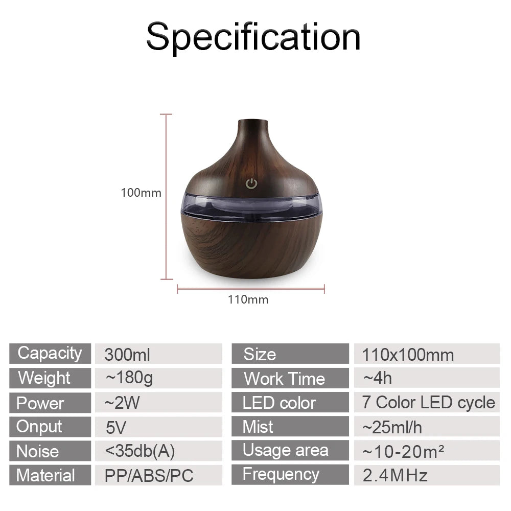 Portable USB Humidifier with LED & Aromatherapy – 300ml