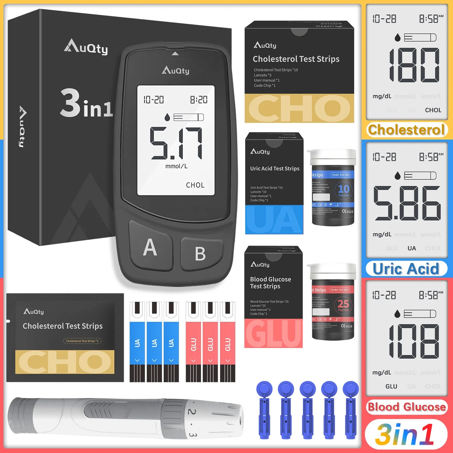 3-in-1 Multifunction Blood Glucose, Cholesterol & Uric Acid Meter