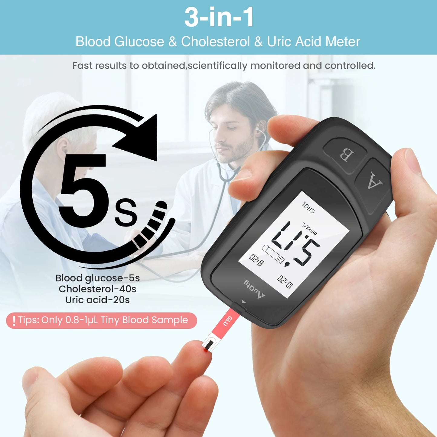 3-in-1 Multifunction Blood Glucose, Cholesterol & Uric Acid Meter
